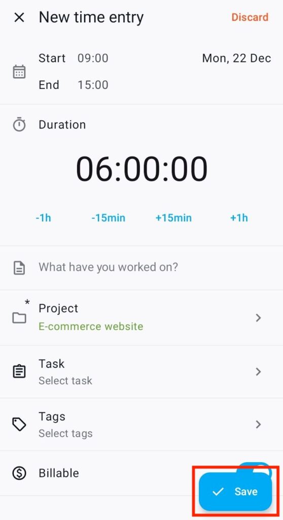 Click “Save” to save the time entry