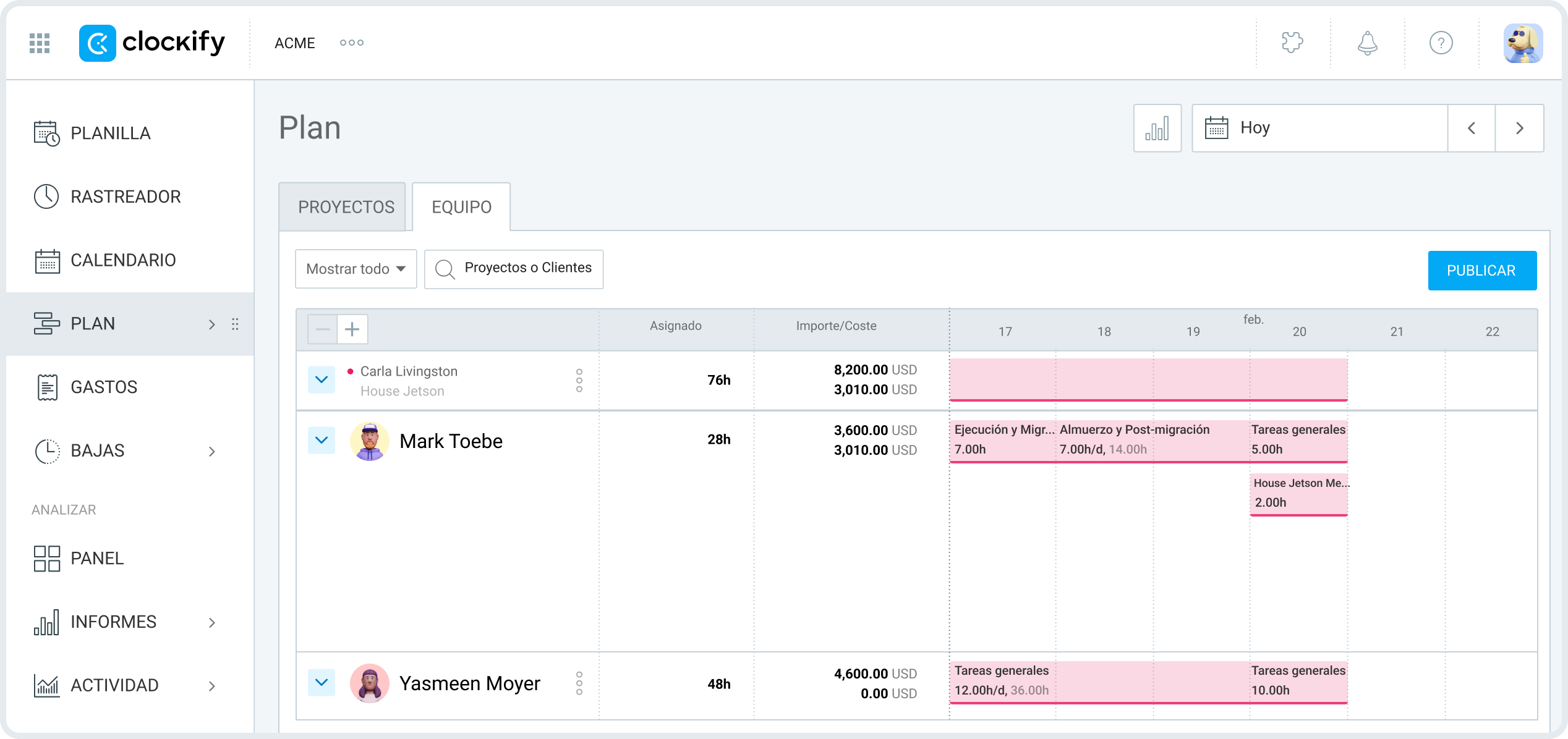Planifica las horas de trabajo en Clockify
