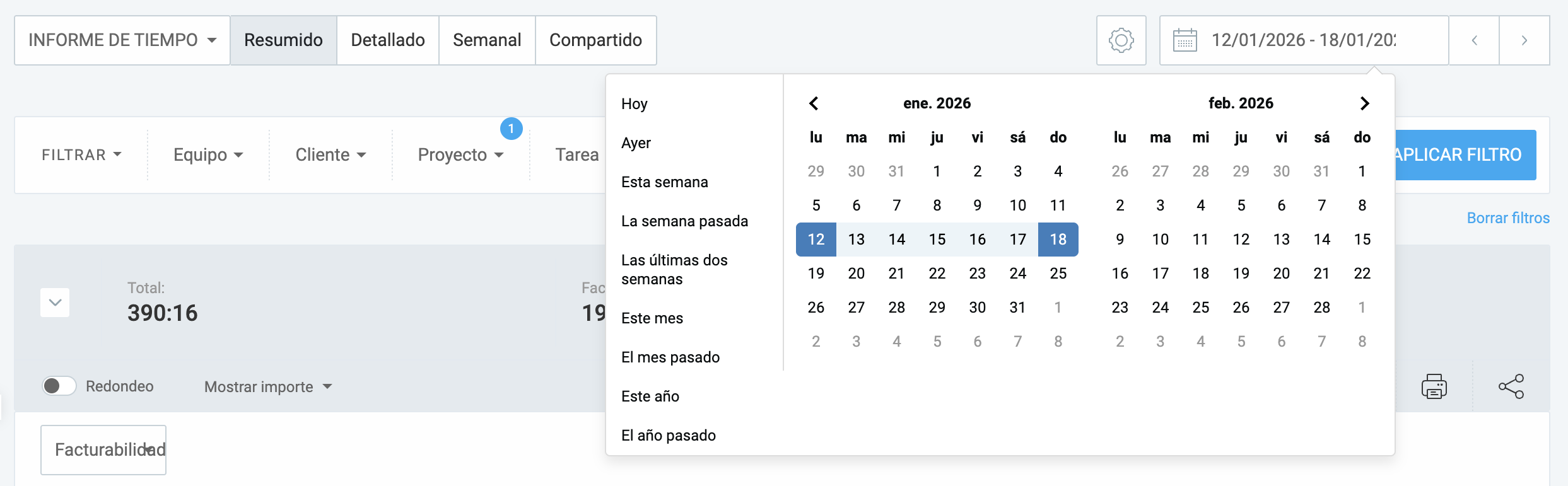 Selecciona el período de tiempo en el informe resumido de Clockify