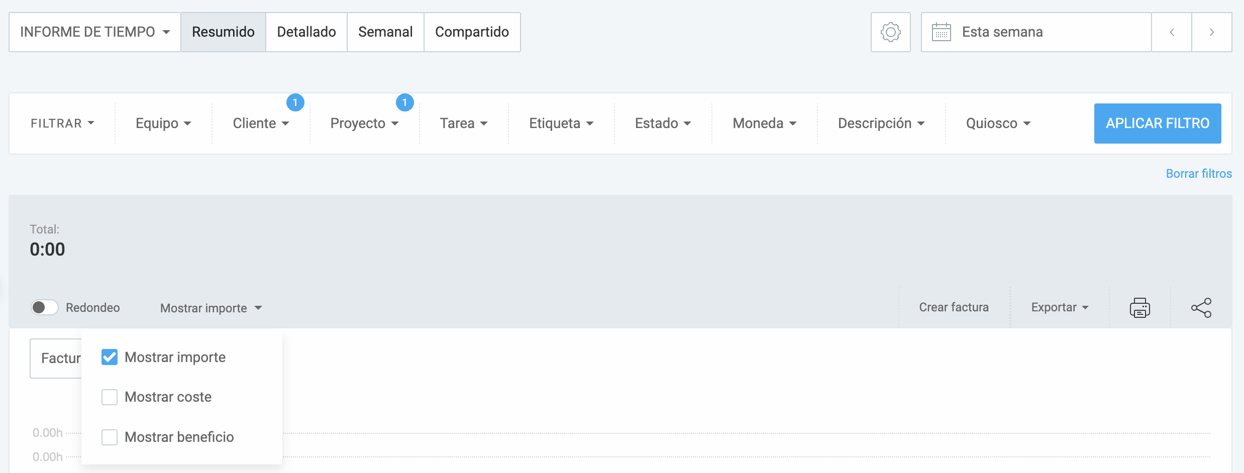 Opción de mostrar importe en Clockify