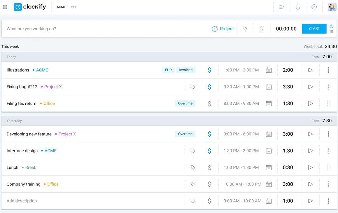 Timer in Clockify’s web app