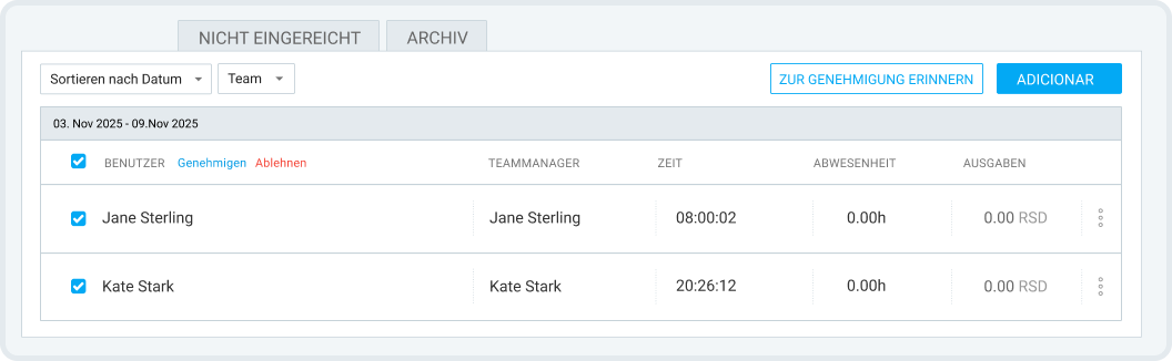 Arbeitszeittabellen gesamt genehmigen/ablehnen