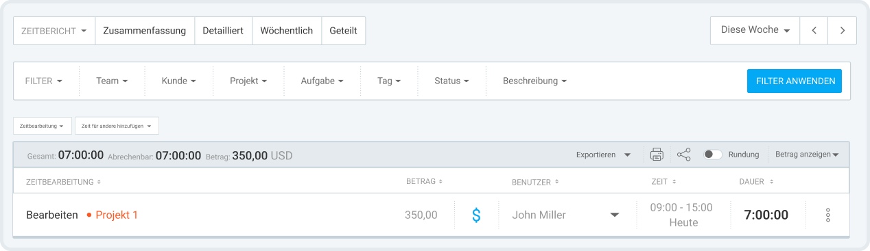 Detaillierter Bericht in der Web-App von Clockify