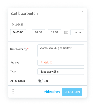 Zeitbearbeitung in Clockify-Arbeitszeittabellen