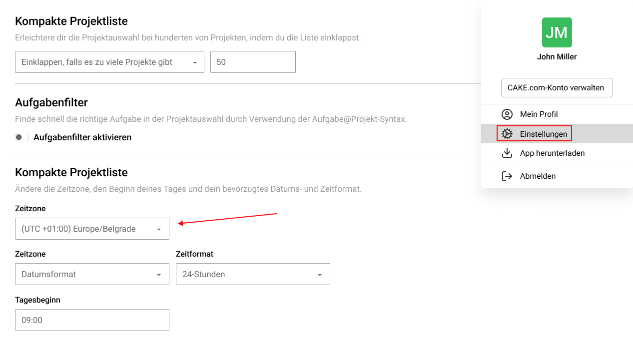 Zeitzone in Clockify einstellen