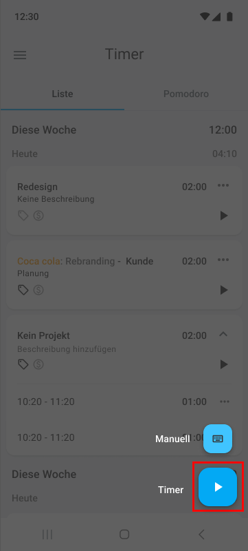 Timer-Starten in der mobilen Clockify-App