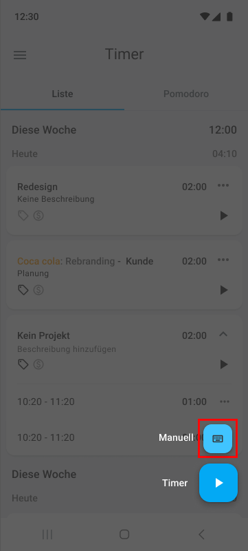 Manuelles Hinzufügen von Zeit in der mobilen Clockify-App