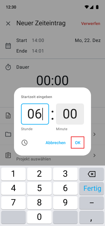 Klicke auf "OK", um die geleisteten Stunden zu speichern