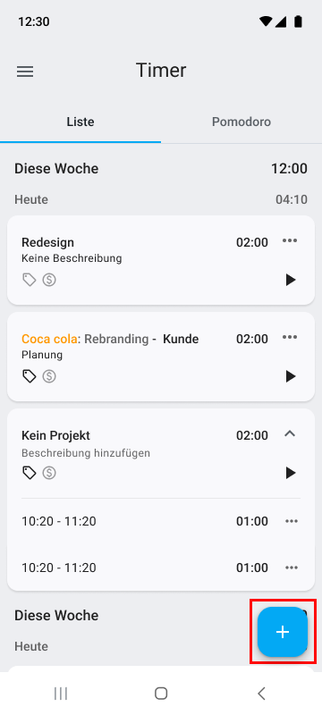 Hinzufügen eines neuen Zeiteintrags in der mobilen Clockify-App