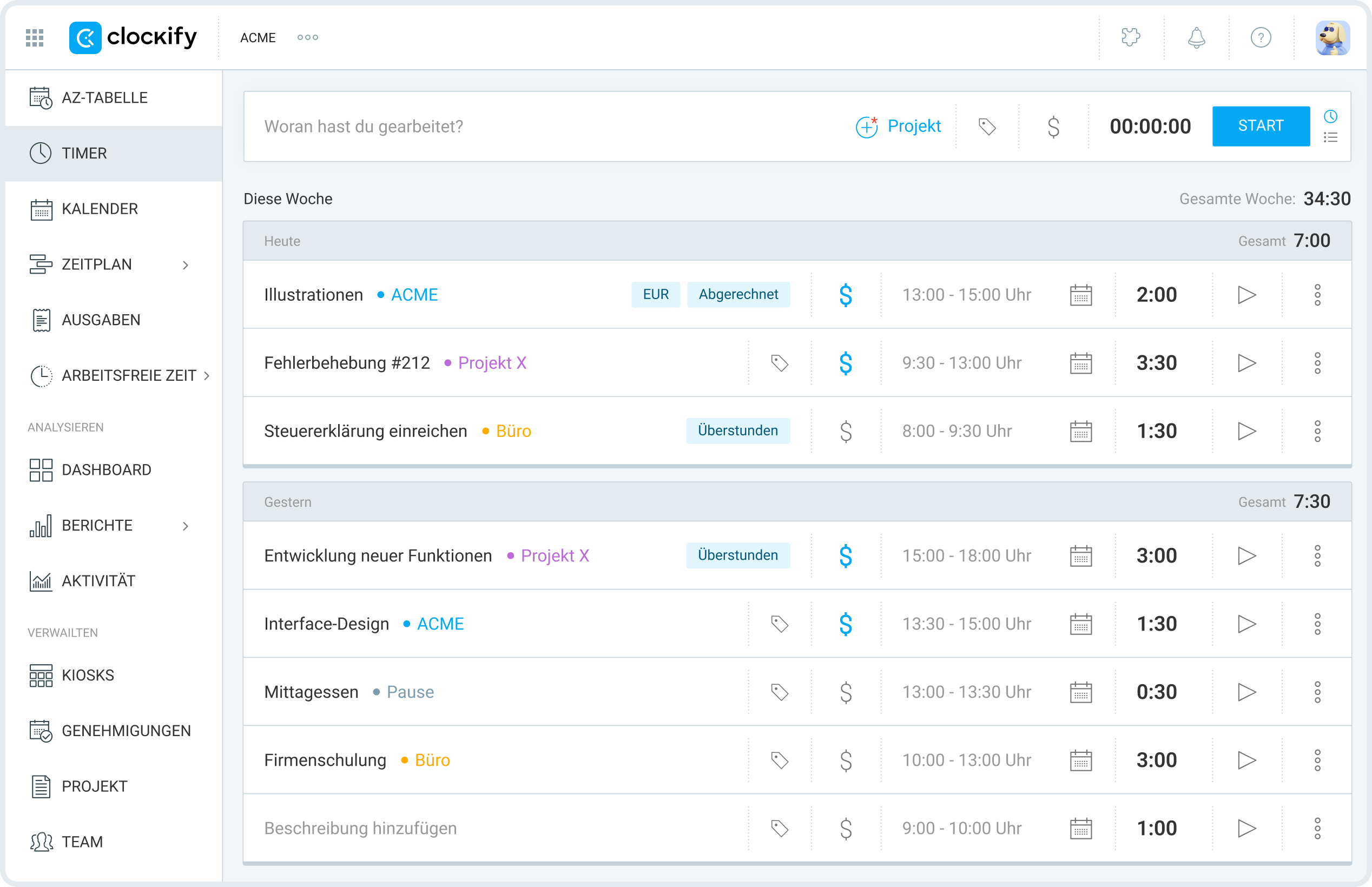 Timer in der Web-App von Clockify