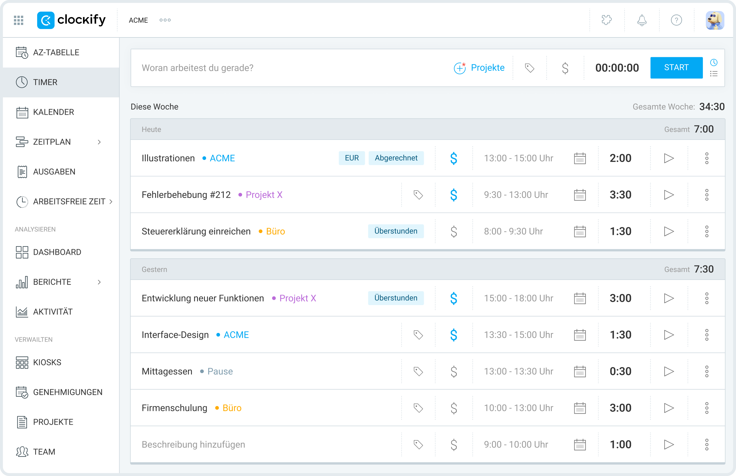 Timer-Funktion von Clockify