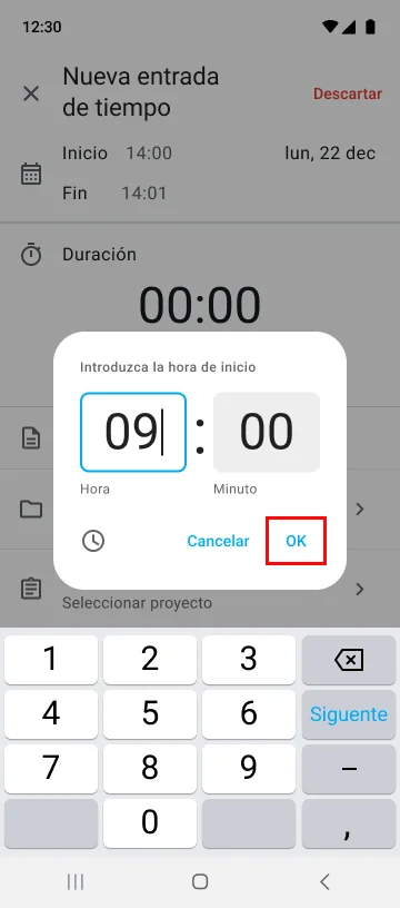 Haz clic en “OK” para guardar las horas trabajadas