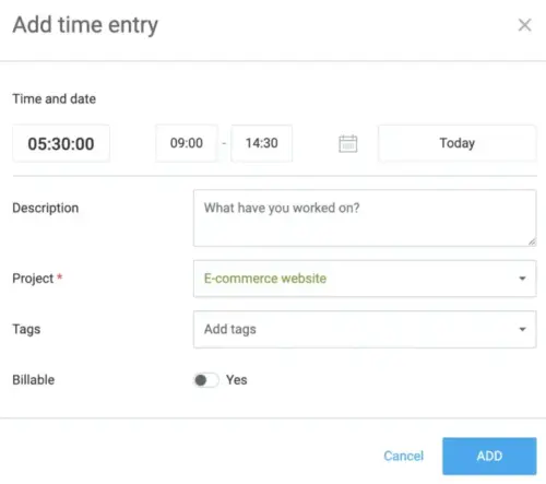 Adding a time entry in the Calendar view