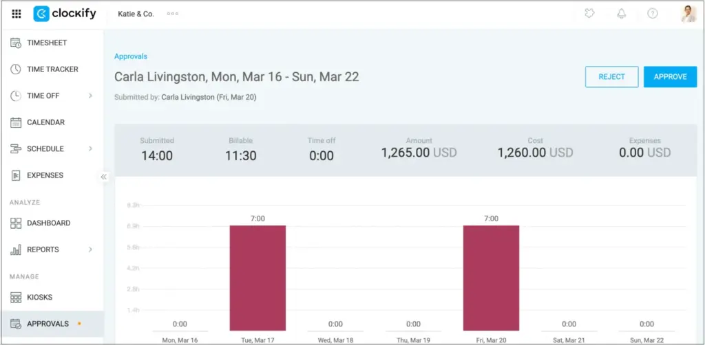 Approving timesheets in Clockify