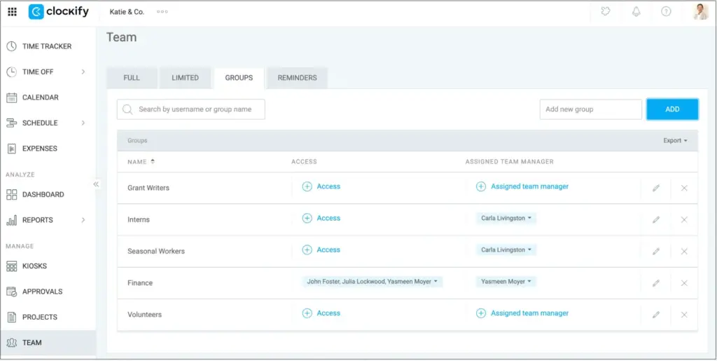 Assigning users to groups in Clockify
