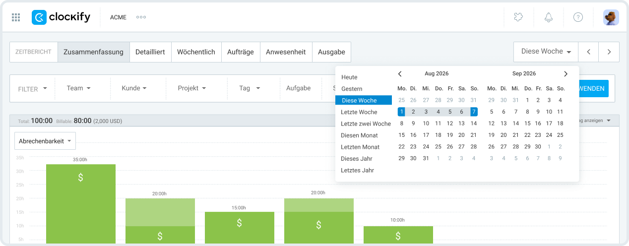 Auswählen des Zeitraums im Clockify-Zusammenfassungsbericht