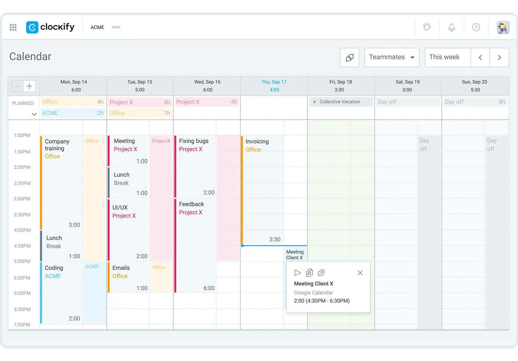 Clockify’s Calendar