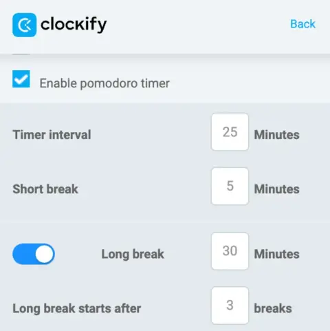 Clockify’s Pomodoro timer