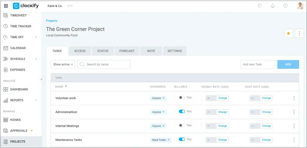 Creating Tasks for Projects in Clockify