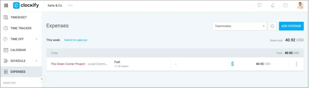 Expense list in Clockify