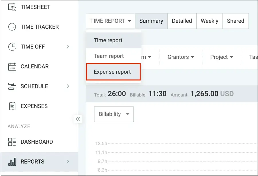 Expense report in Clockify