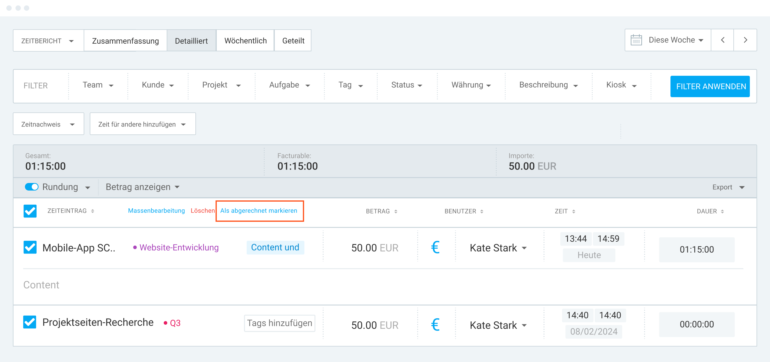 Detailed report in Clockify