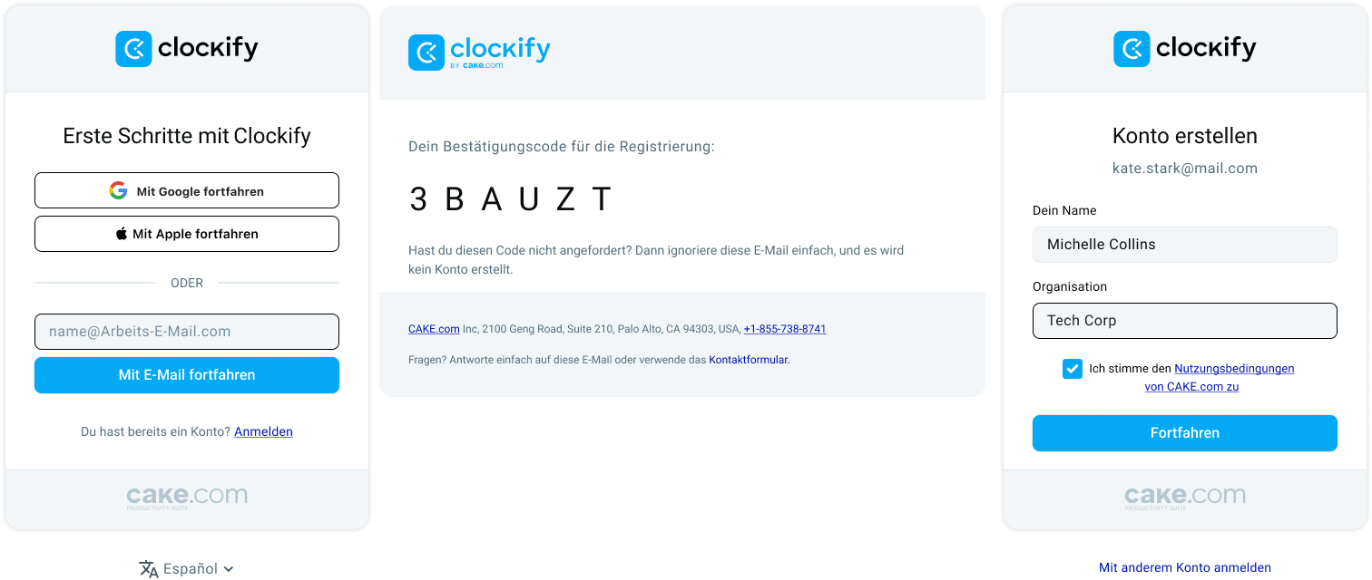 Registrierung bei Clockify