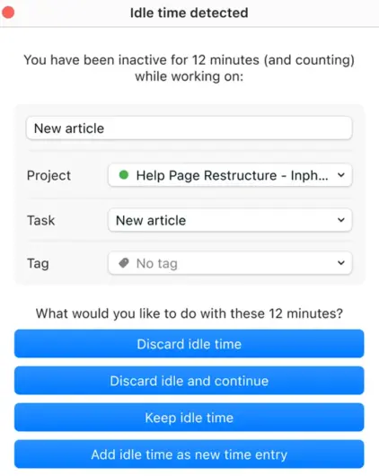 Idle time notification in Clockify