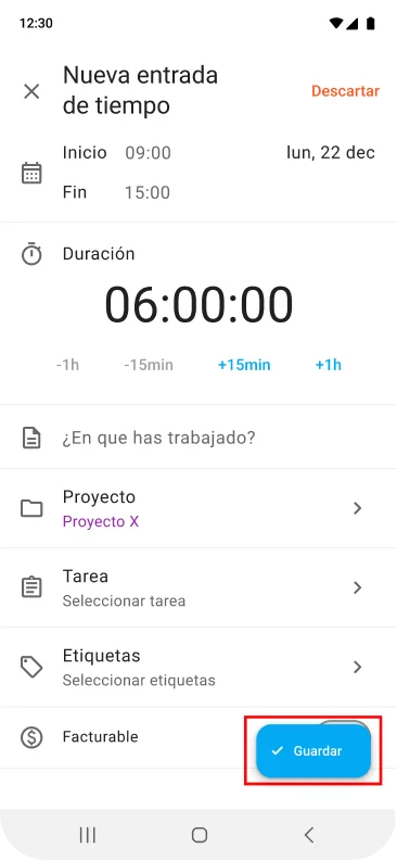 Añade los detalles de la entrada en la aplicación móvil de Clockify