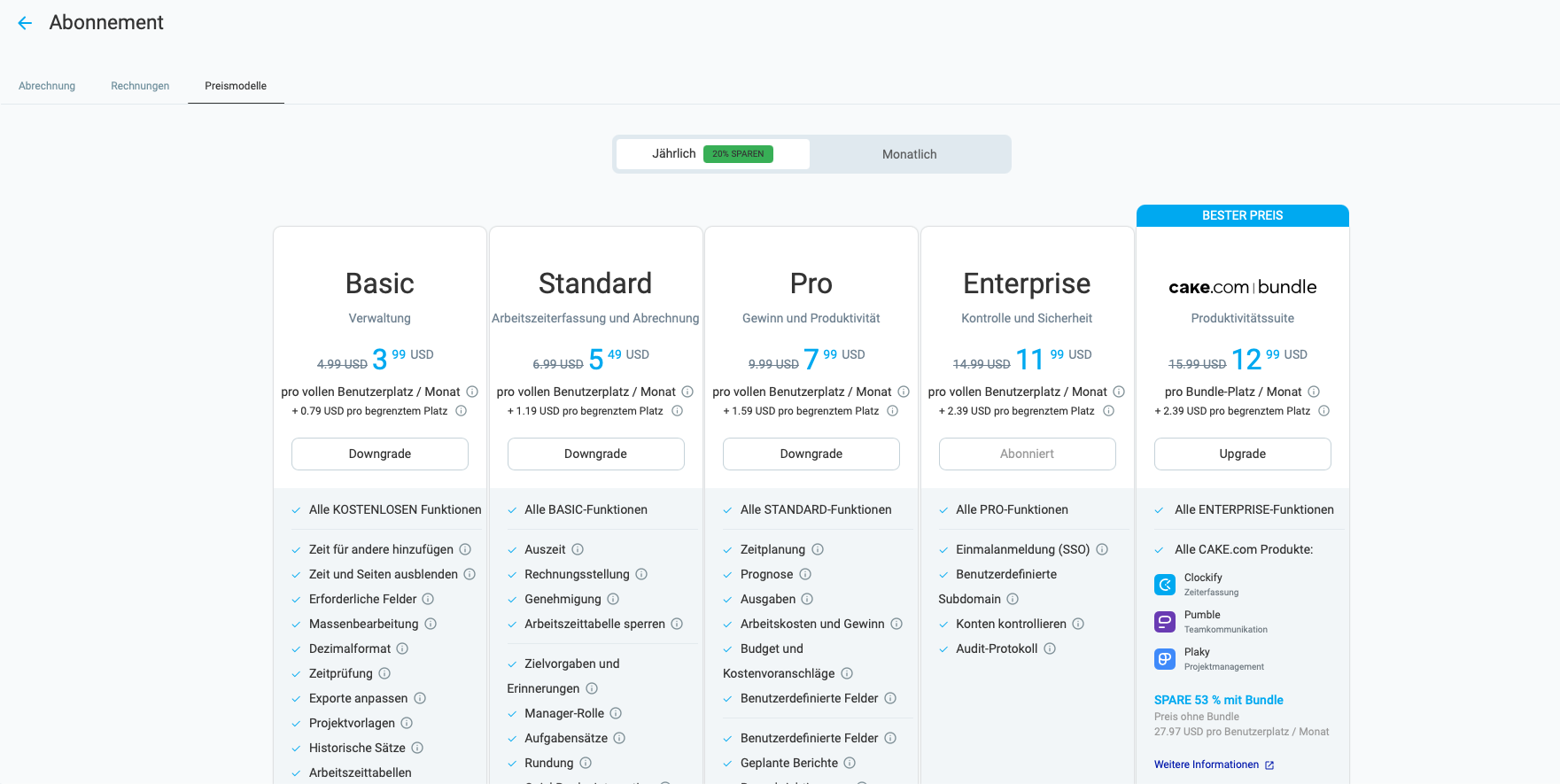 Clockify subscription plans