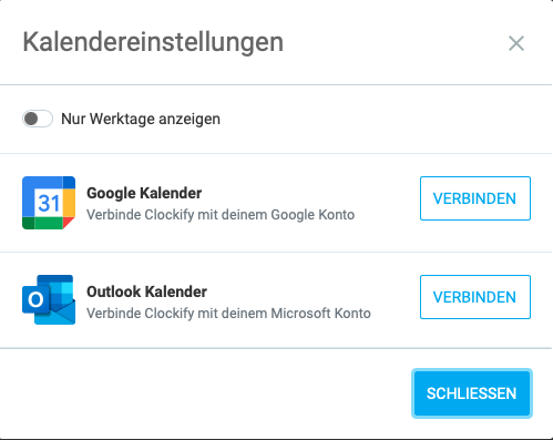 Clockify calendar sync options with Google and Outlook.