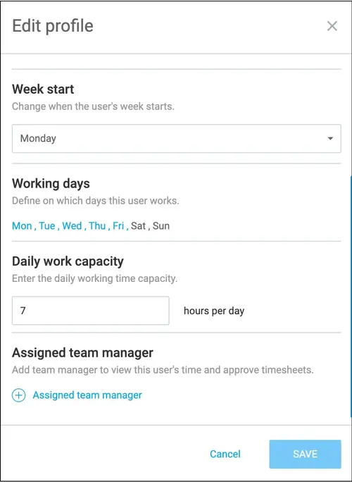 Setting work days and capacity in Clockify