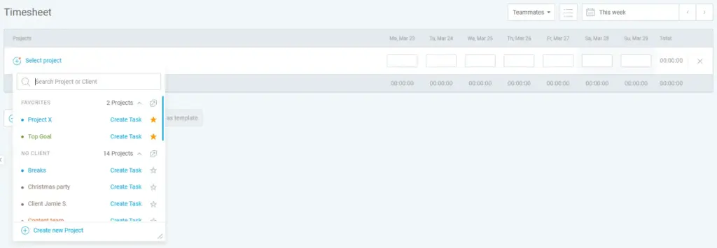 Showing favorite projects in Timesheets