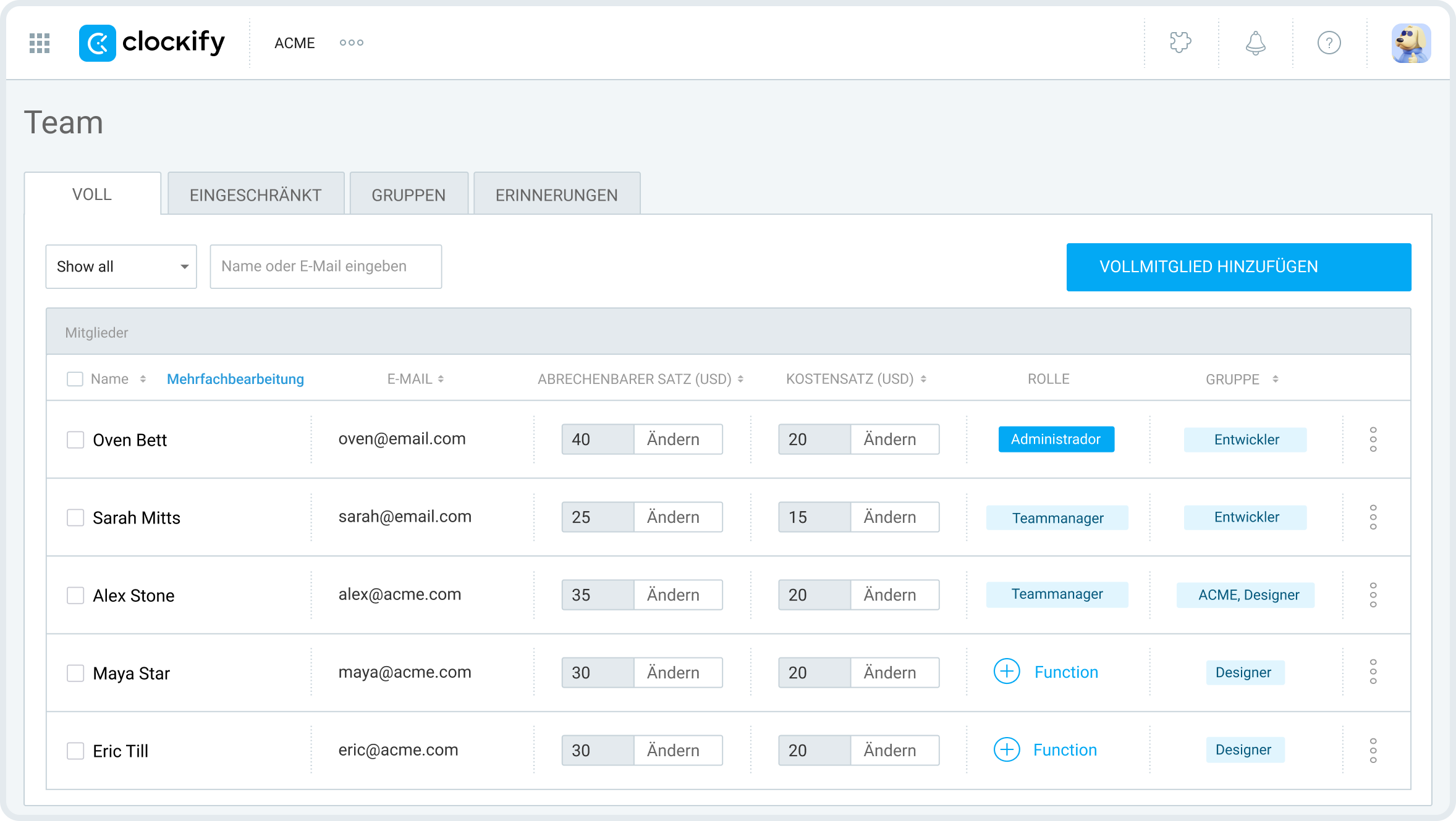 Team page in Clockify