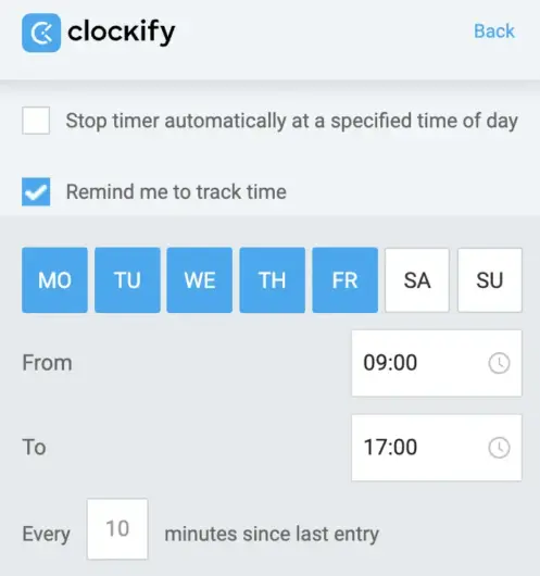 The ‘Remind me to track time’ option in Clockify