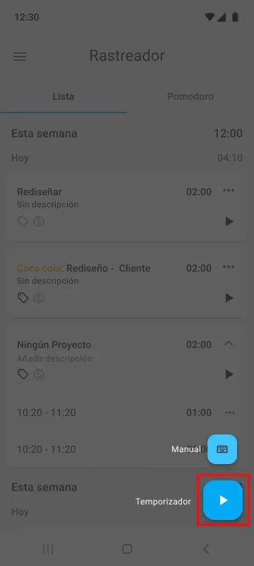 Inicia el temporizador en la aplicación móvil de Clockify