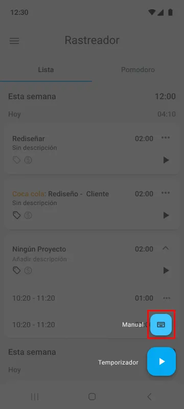 Añade el tiempo manualmente en la aplicación móvil de Clockify