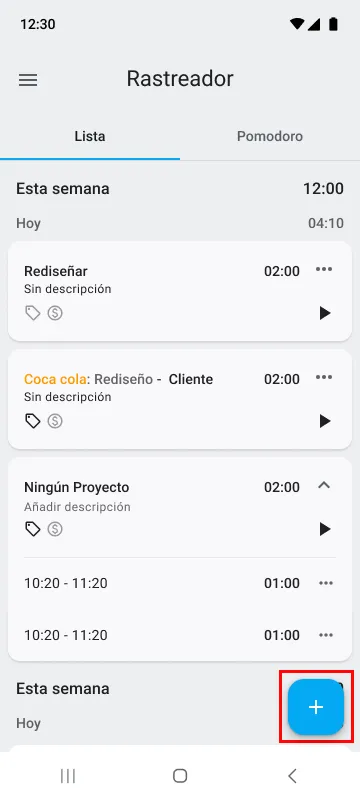 Añade una nueva entrada de tiempo en la aplicación móvil de Clockify