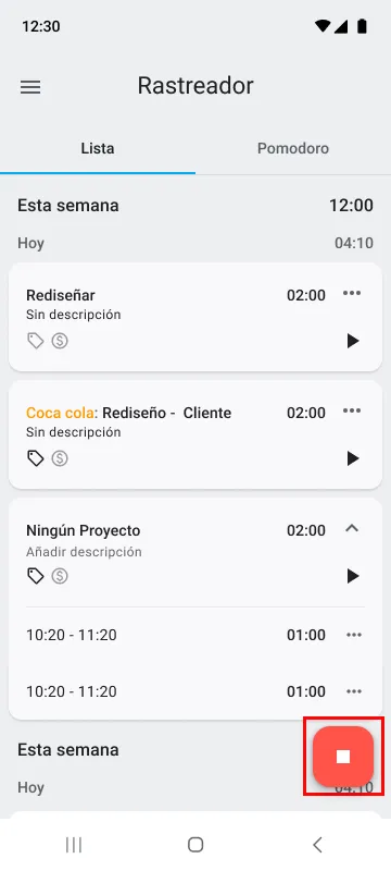 Haz clic en el botón de detener para fichar la salida