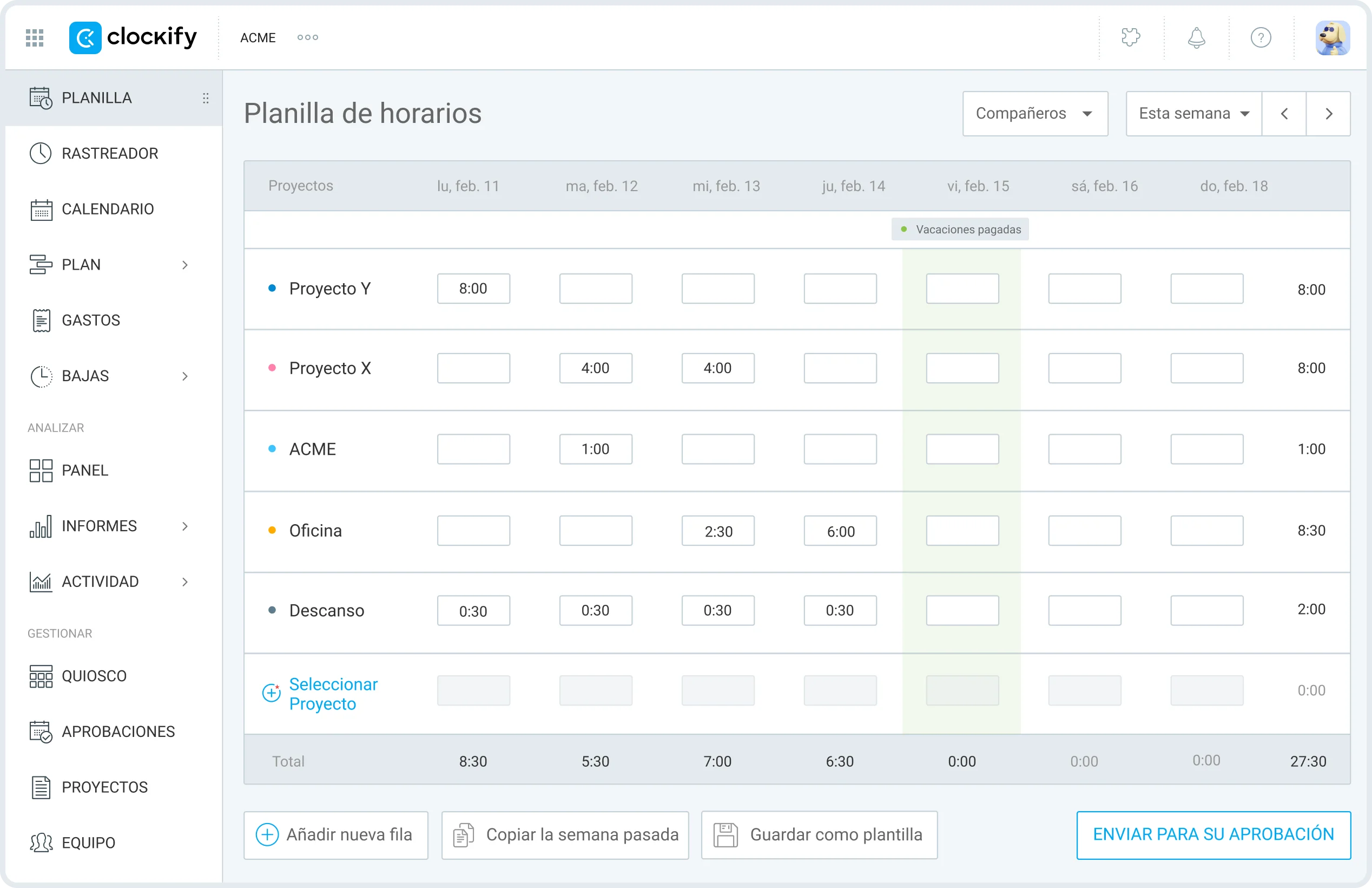 Vista de planilla de horarios en la aplicación web de Clockify