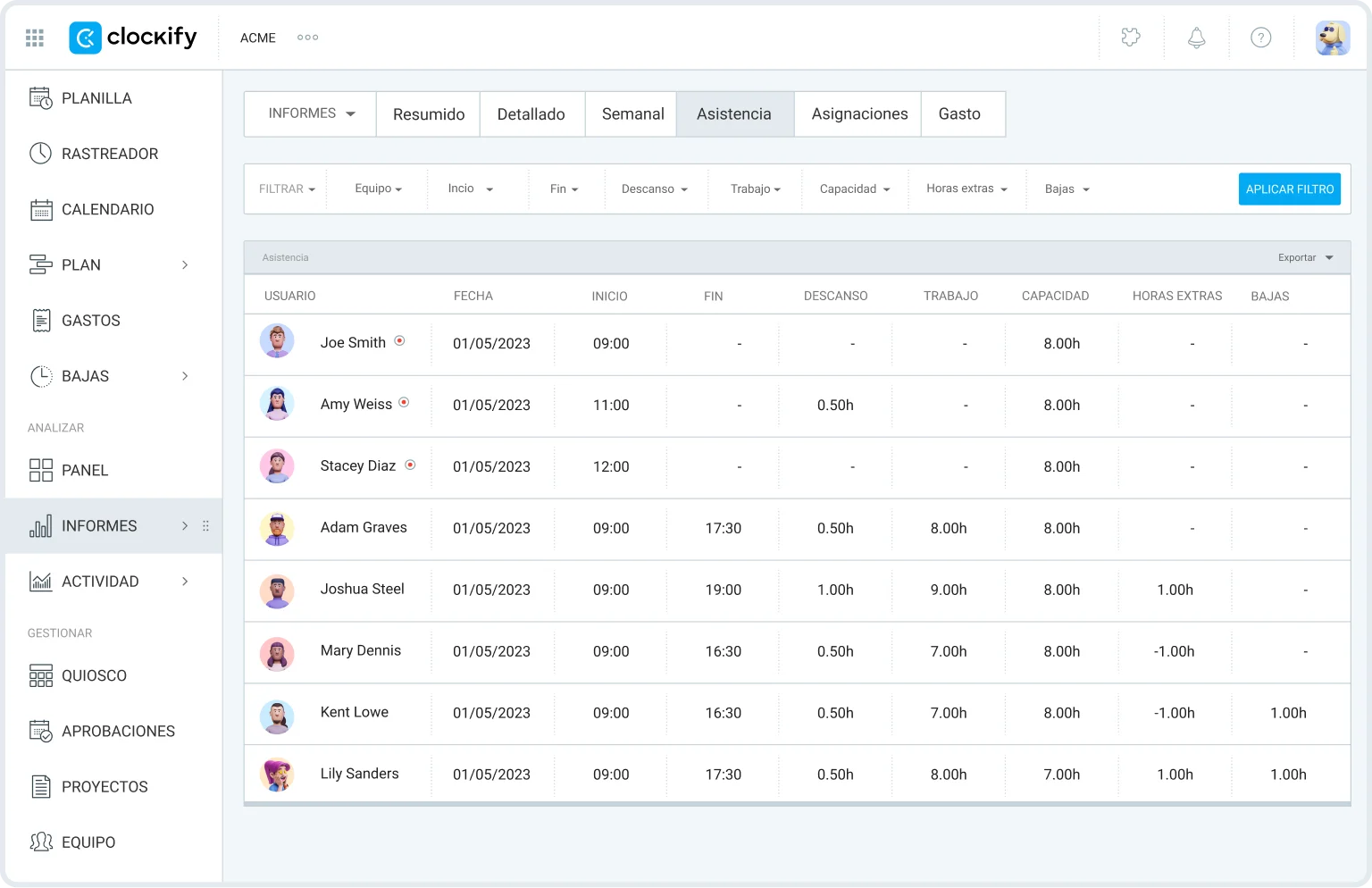 Informe de asistencia en la aplicación web de Clockify