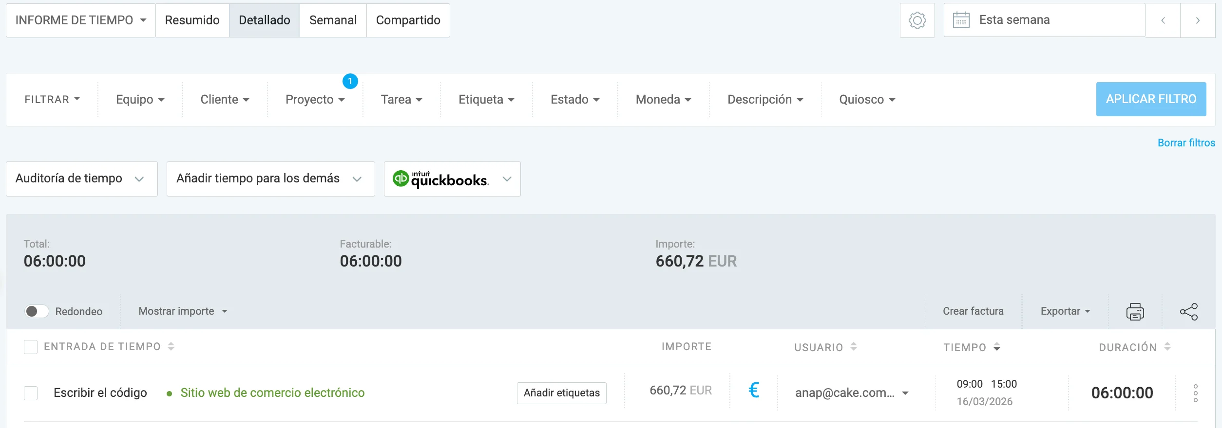 Clockify's Detailed report