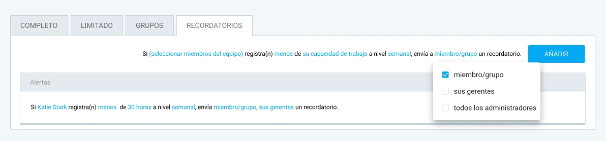 Configura los recordatorios de control de tiempo en Clockify