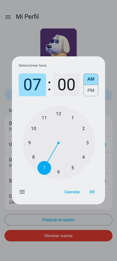 El selector de hora en la aplicación móvil de Clockify