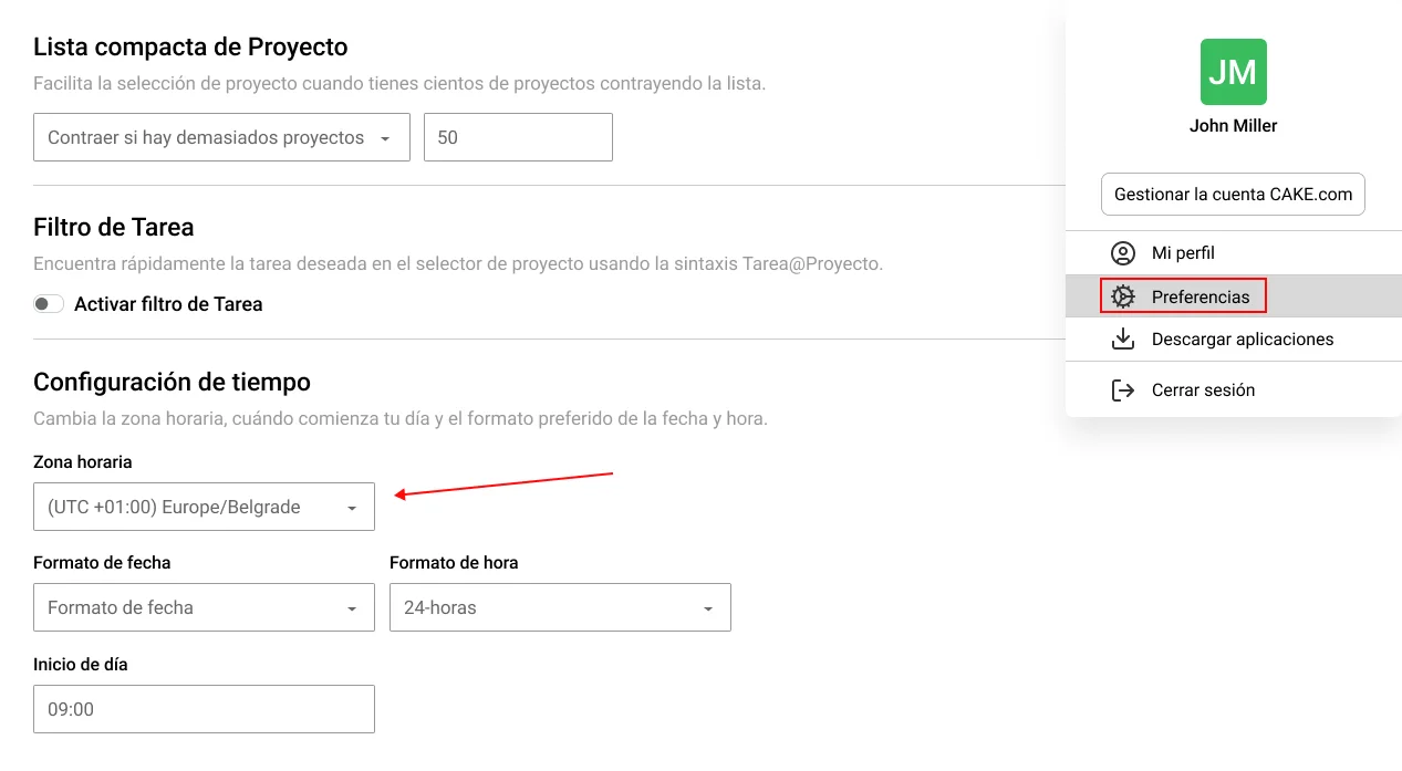 Configuración de zona horaria en Clockify