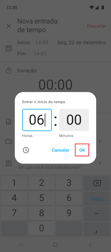 Clique em “OK” para salvar as horas trabalhadas