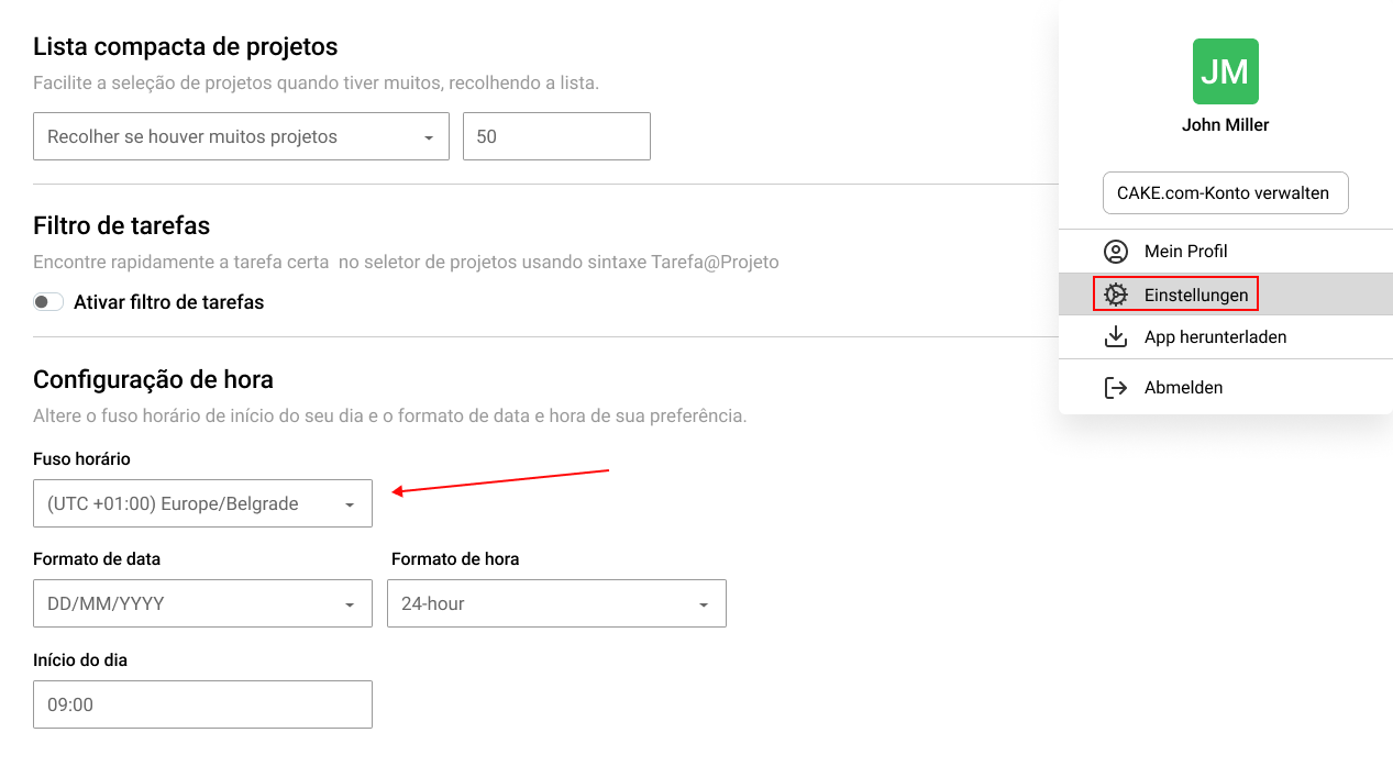Configurando o fuso horário no Clockify