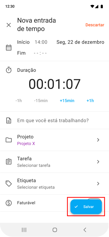 Clique em Salvar para salvar a entrada de tempo.