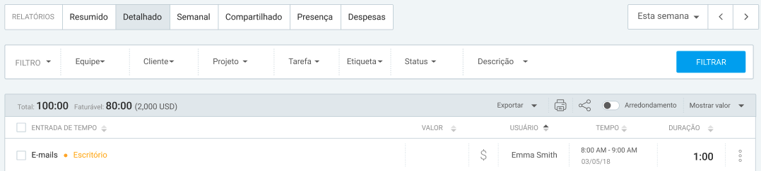 Relatório detalhado no aplicativo web do Clockify
