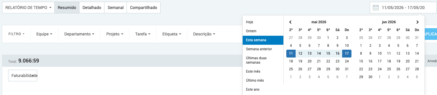 Seleção para o período de tempo no relatório de resumido do Clockify